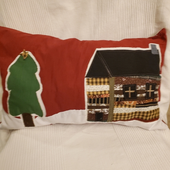 Handmade decorative primitive throw pillows with log cabin and Christmas tree - Picture 1 of 5